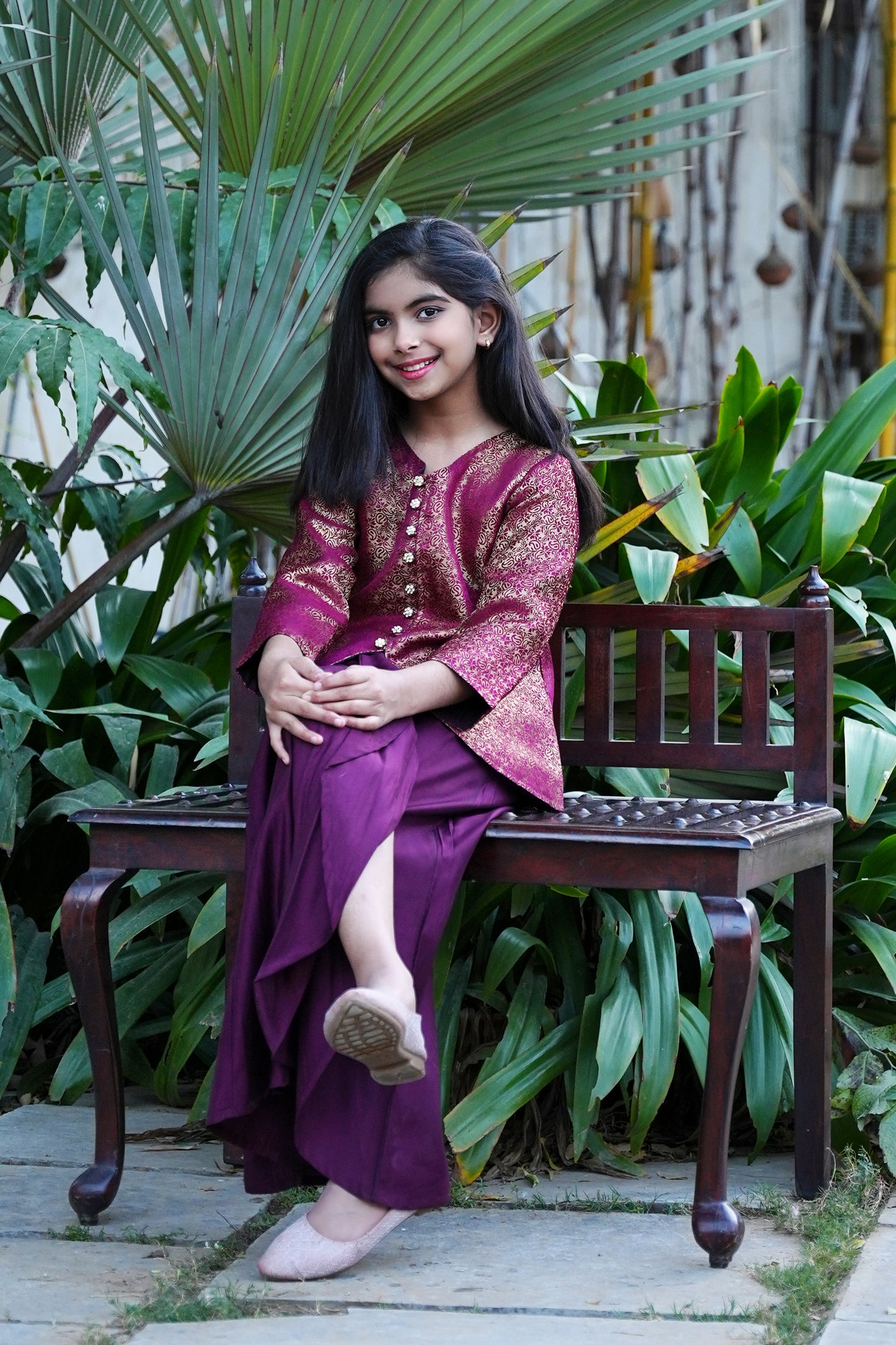 Elegant Wine Silk-Blend Kurta with Intricate Gold Brocade and Dhoti