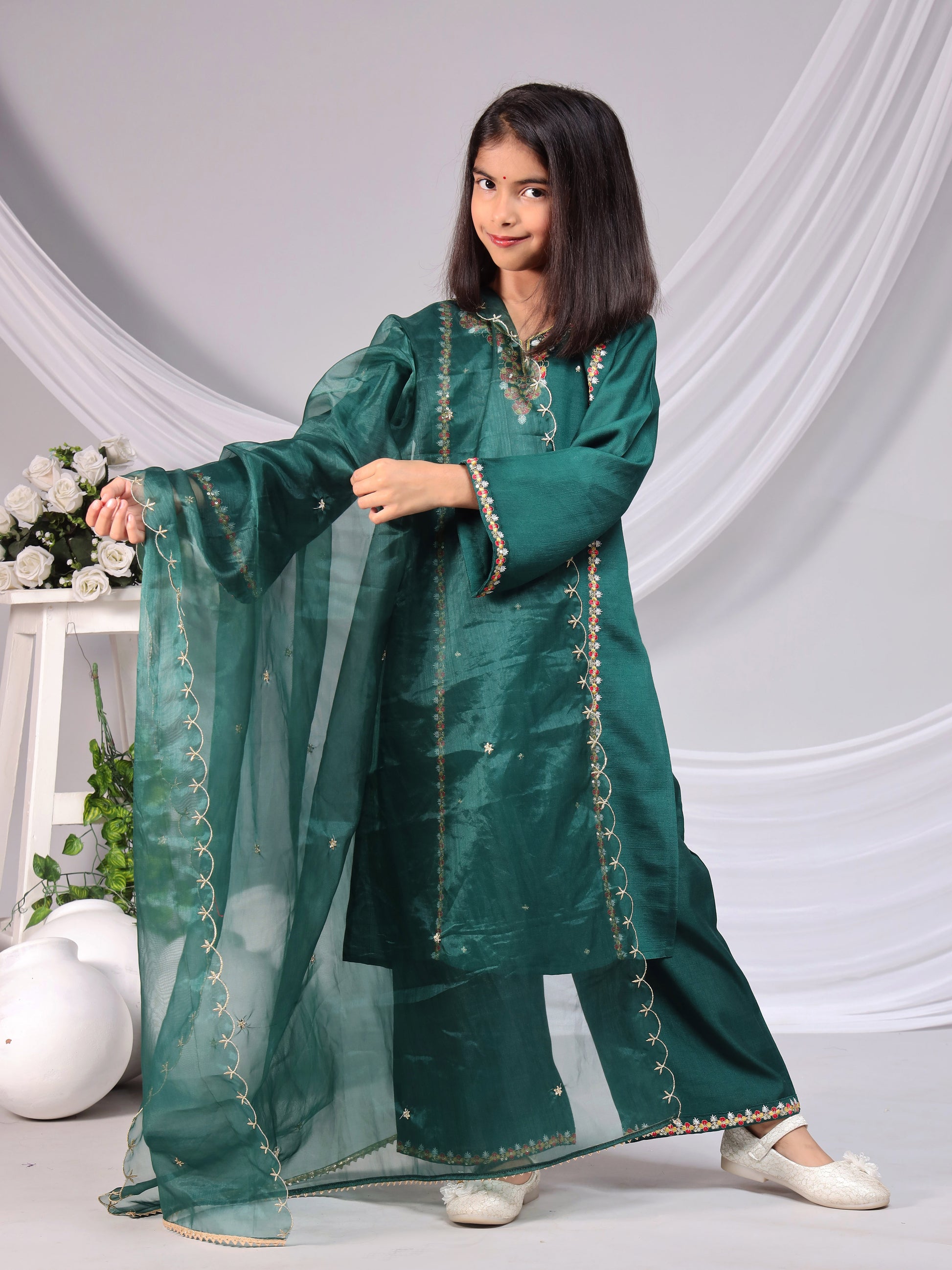 Misbis Girl's Embroidery Kurta Plazzo And Dupatta Set