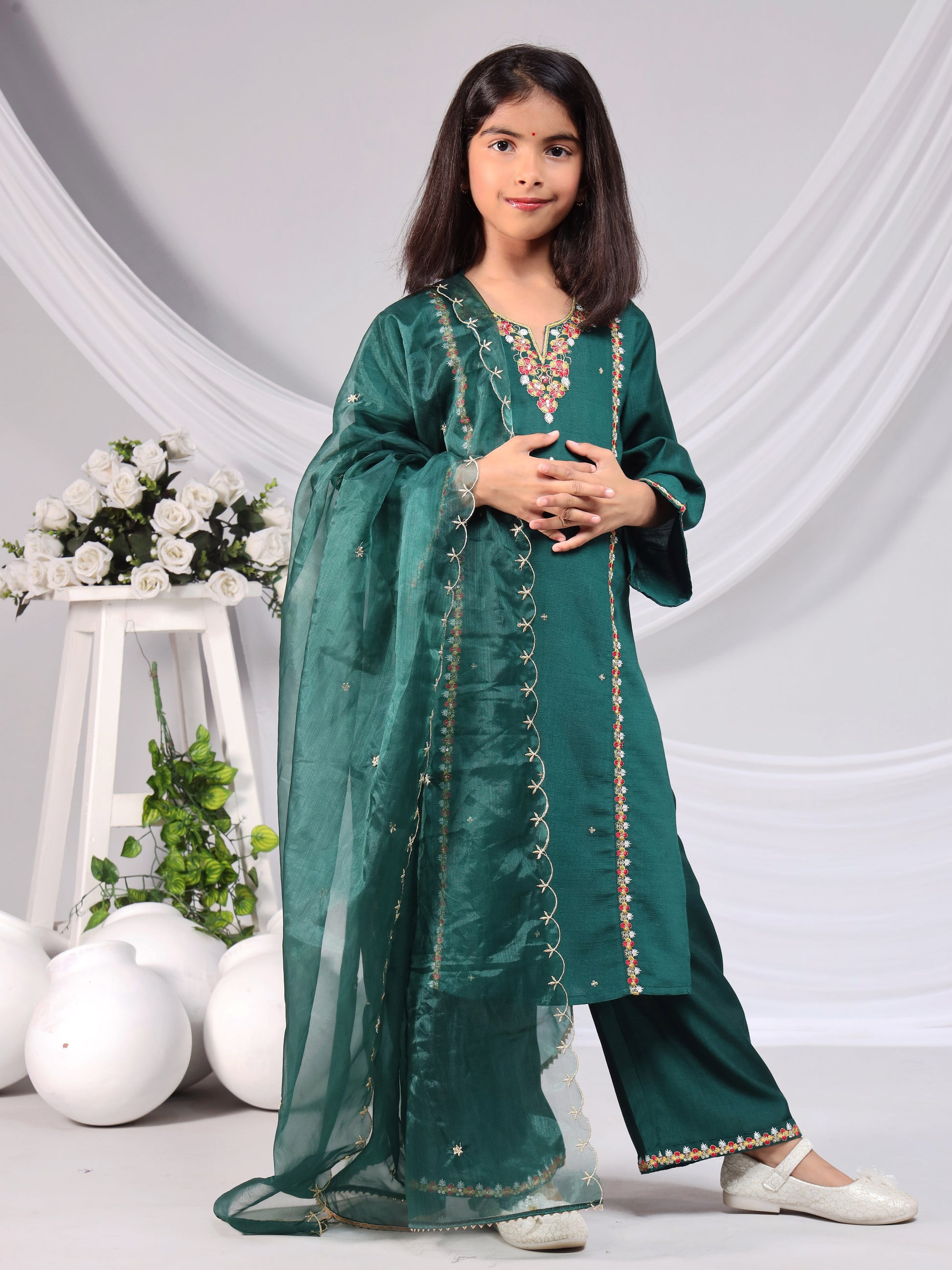 Misbis Girl's Embroidery Kurta Plazzo And Dupatta Set