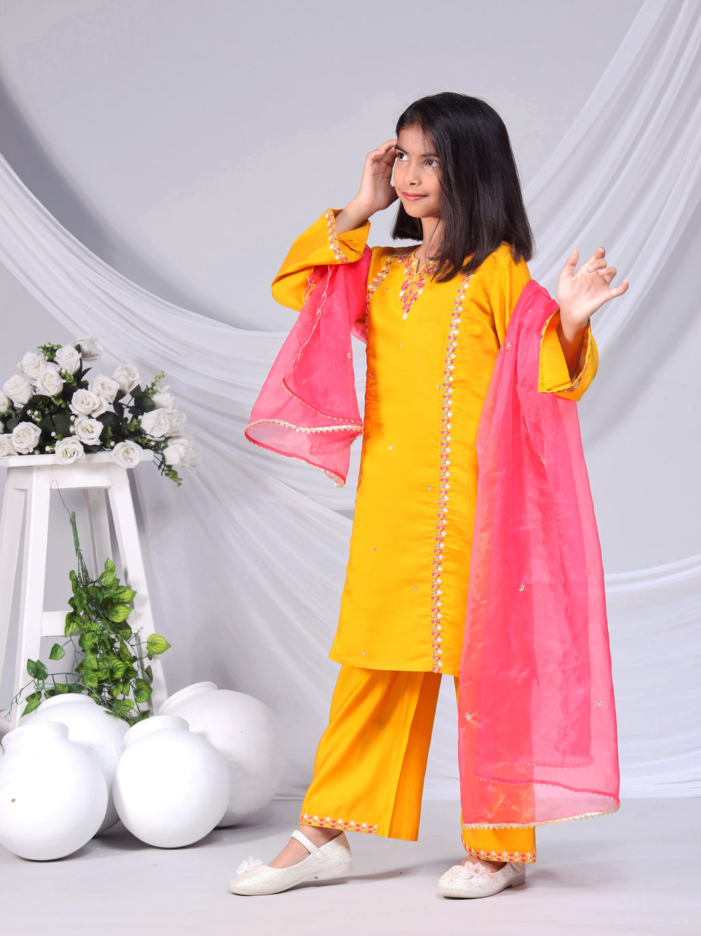 Misbis Girl's Embroidery Kurta Plazzo And Dupatta Set