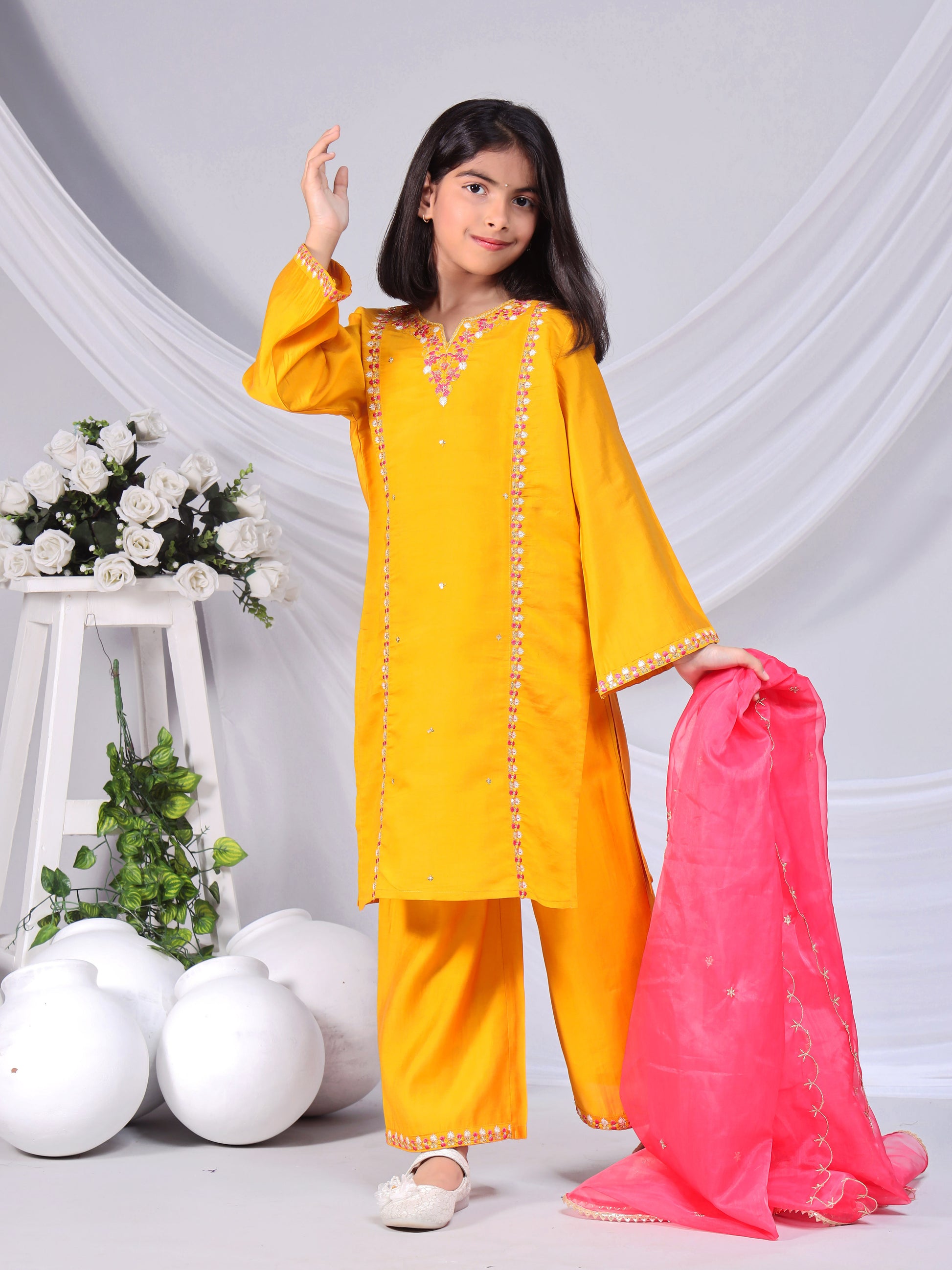 Misbis Girl's Embroidery Kurta Plazzo And Dupatta Set