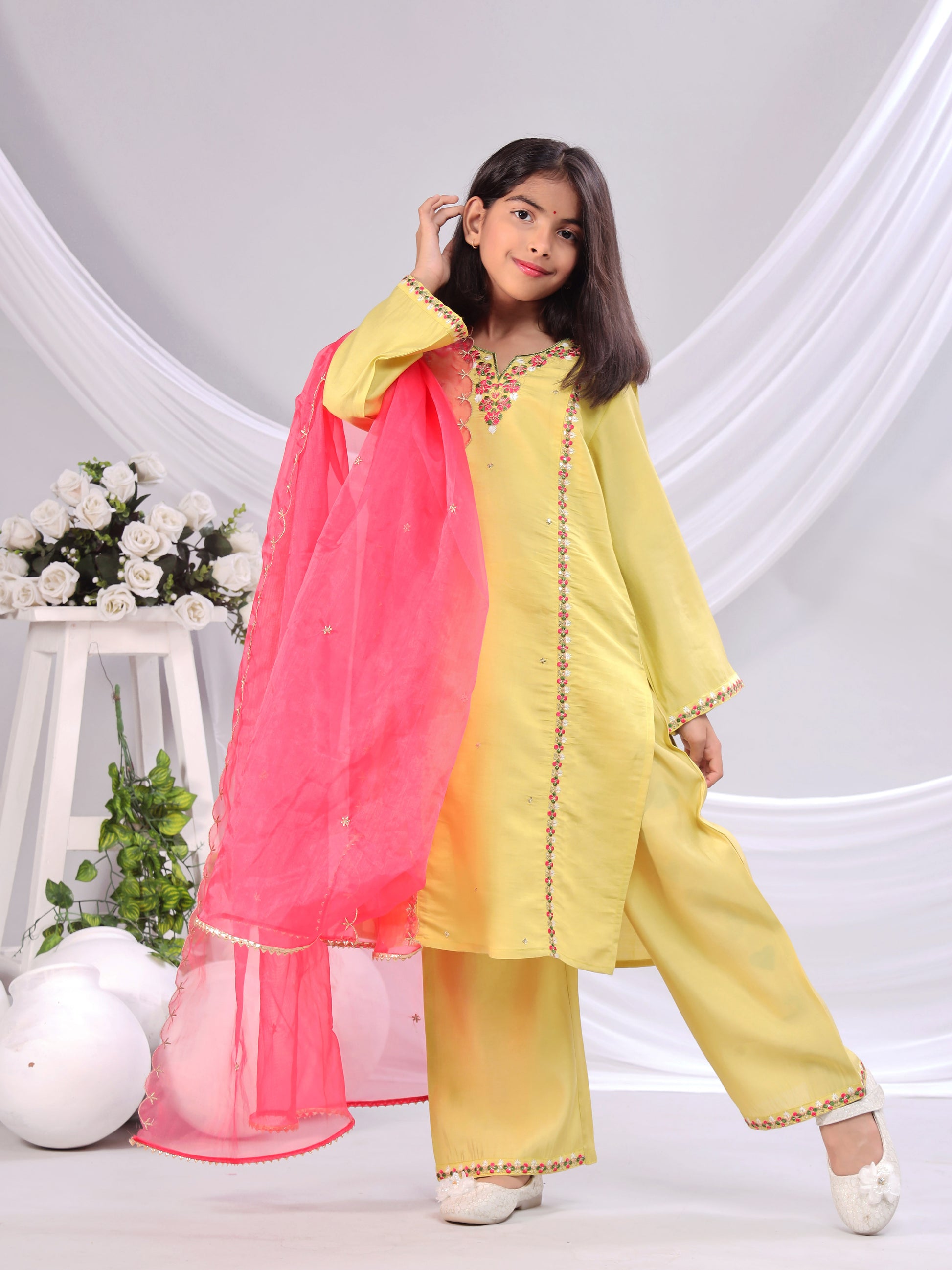 Misbis Girl's Embroidery Kurta Plazzo And Dupatta Set