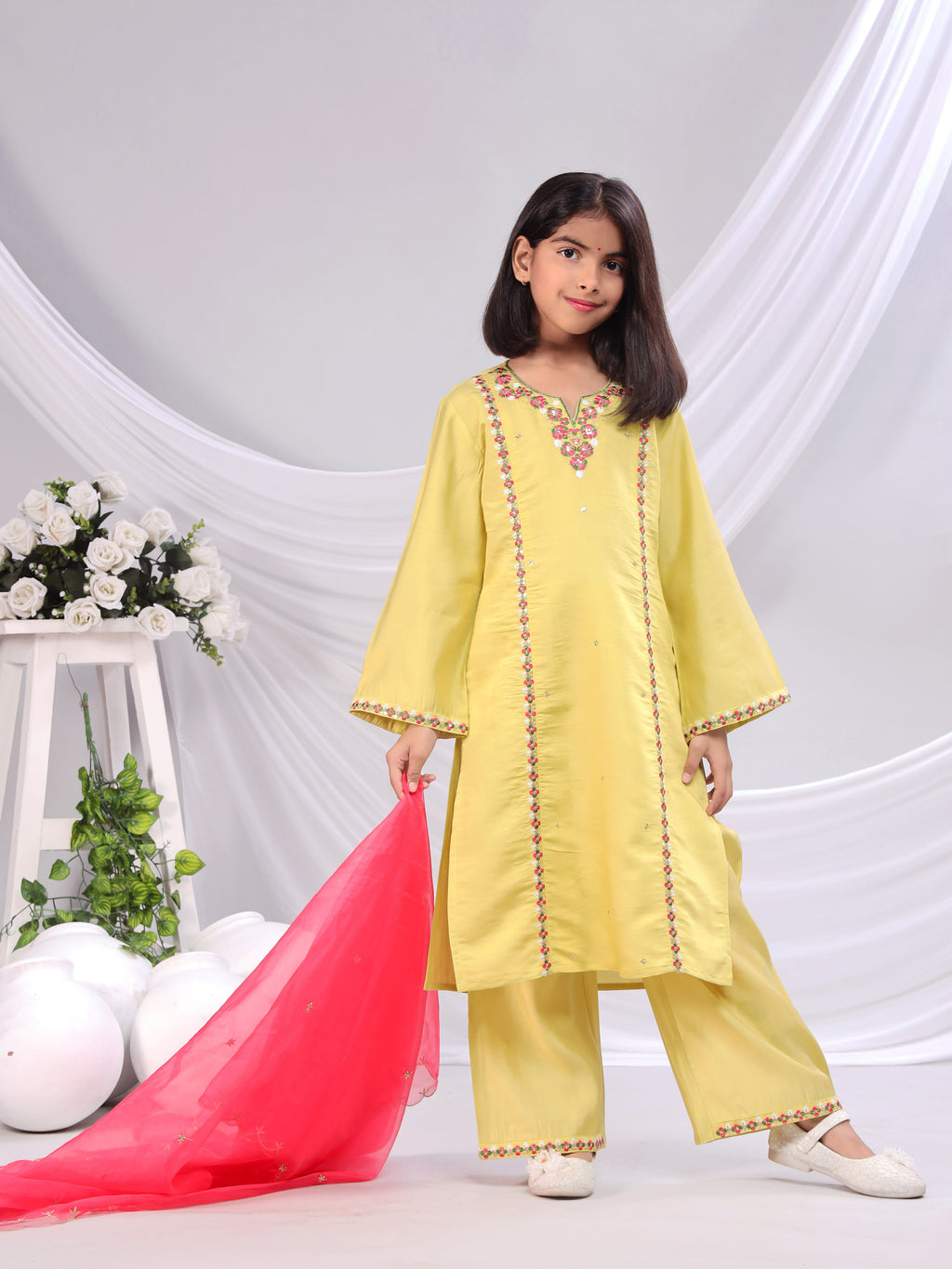 Misbis Girl's Embroidery Kurta Plazzo And Dupatta Set
