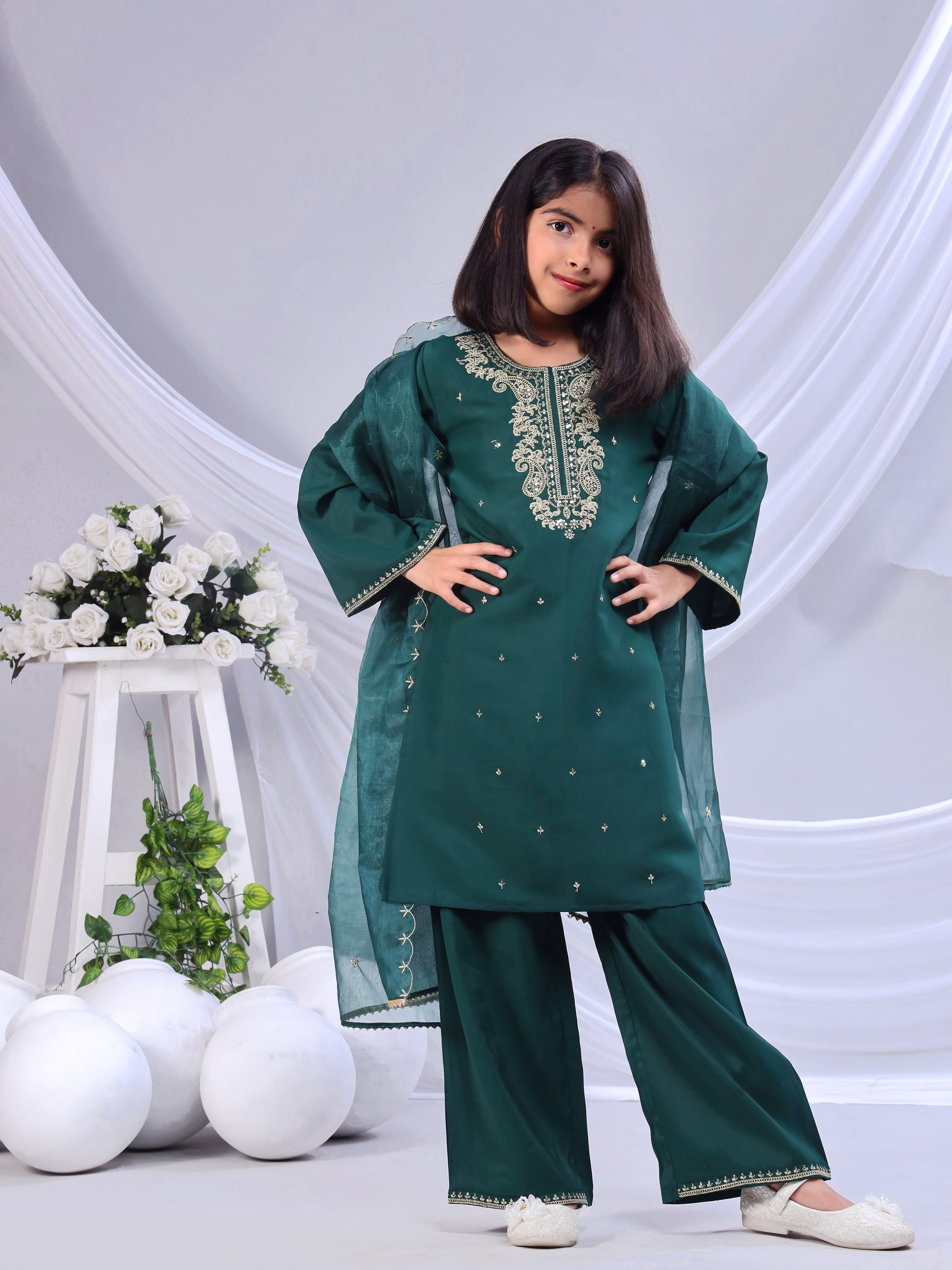 Misbis Girl's Embroidery Kurta Plazzo And Dupatta Set
