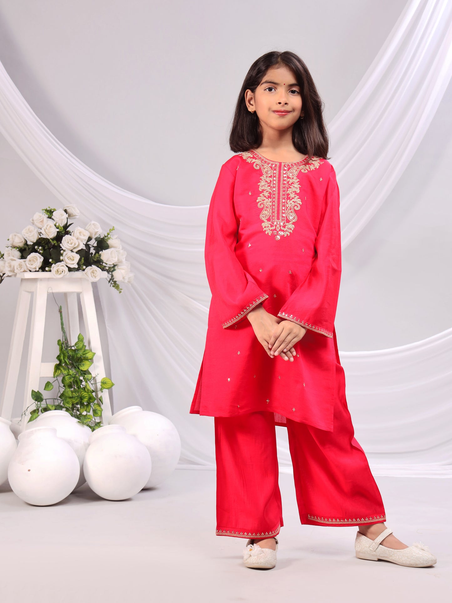 Misbis Girl's Embroidery Kurta Plazzo And Dupatta Set