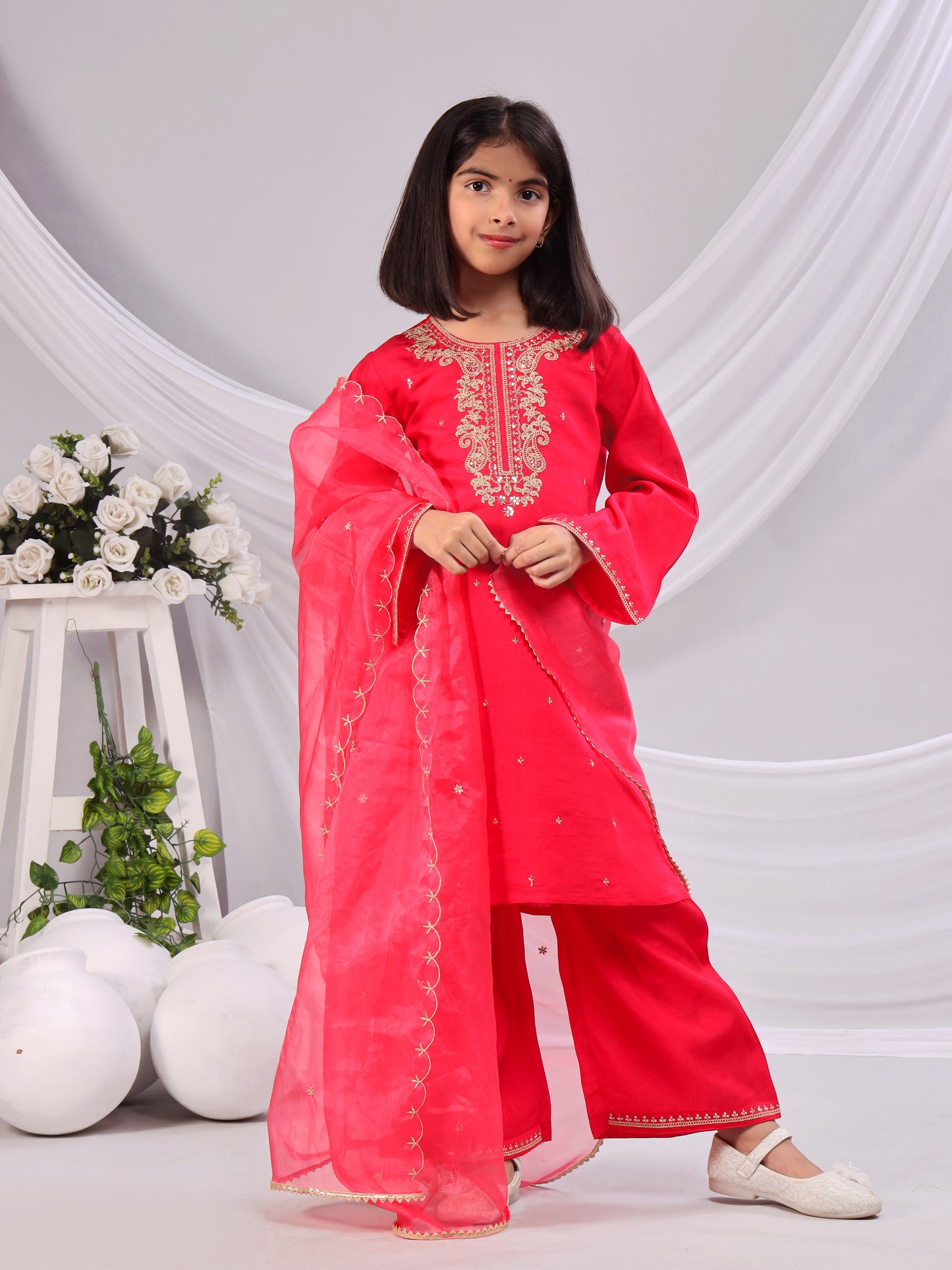 Misbis Girl's Embroidery Kurta Plazzo And Dupatta Set