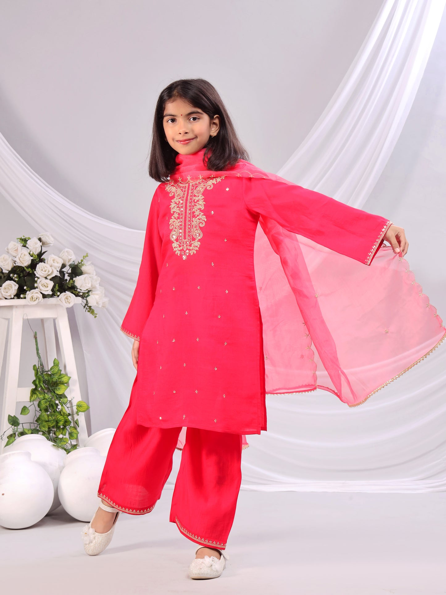 Misbis Girl's Embroidery Kurta Plazzo And Dupatta Set