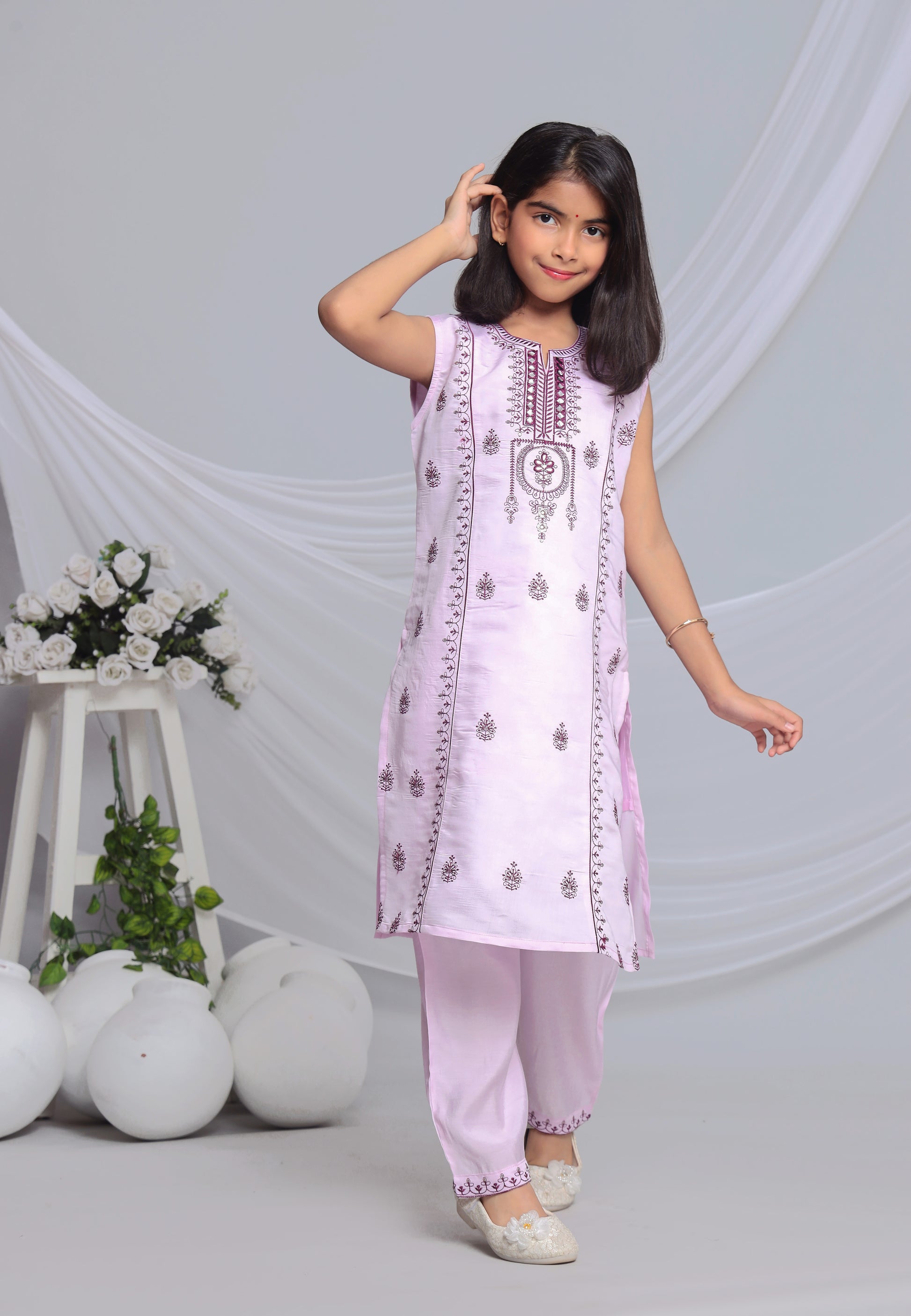 Misbis Girl's Embroidery Sleeveless Kurta Plazzo And Dupatta Set