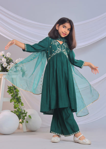 Misbis Girl's Embroidery Kurta Plazzo And Dupatta Set
