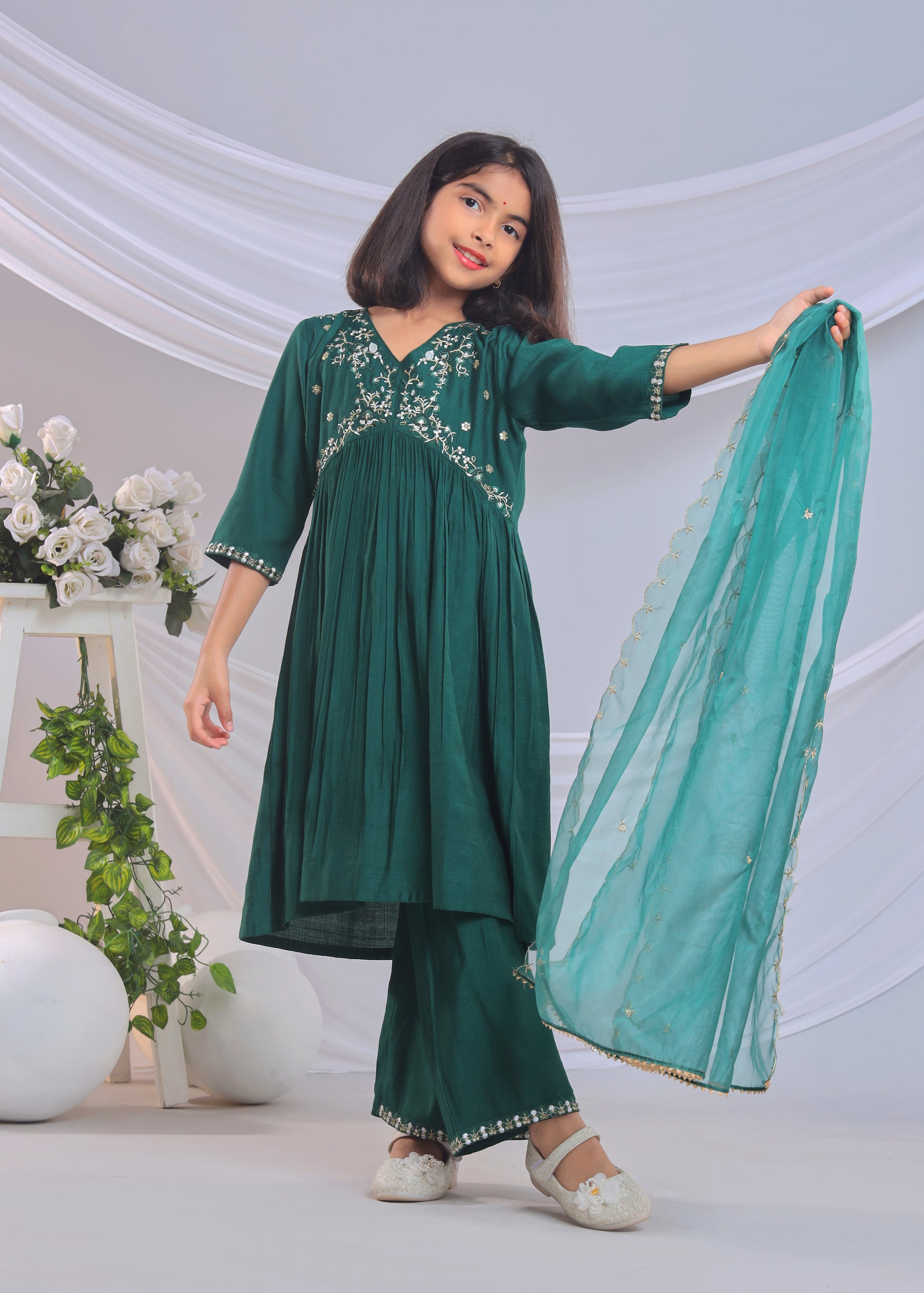 Misbis Girl's Embroidery Kurta Plazzo And Dupatta Set