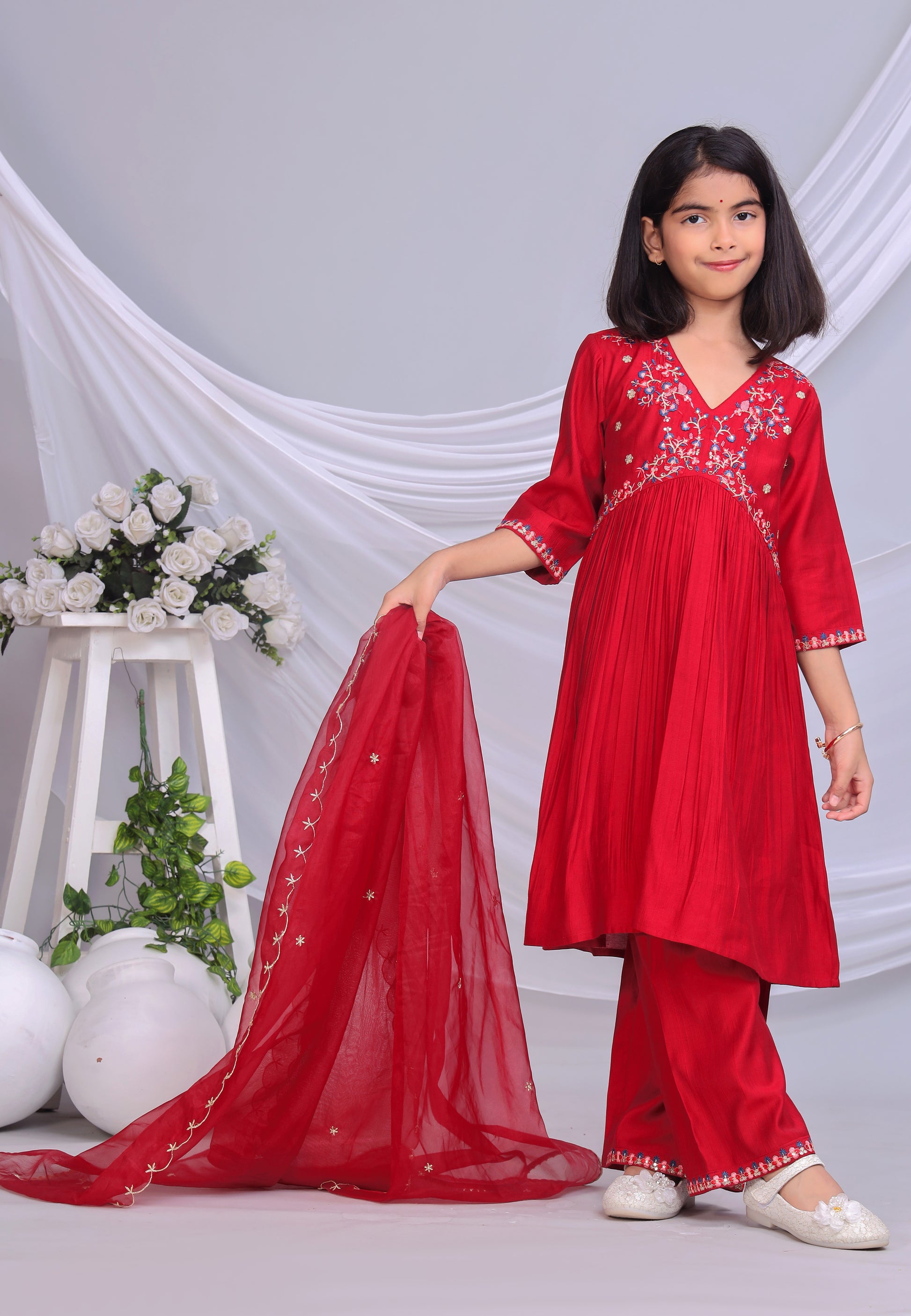 Misbis Girl's Embroidery Kurta Plazzo And Dupatta Set
