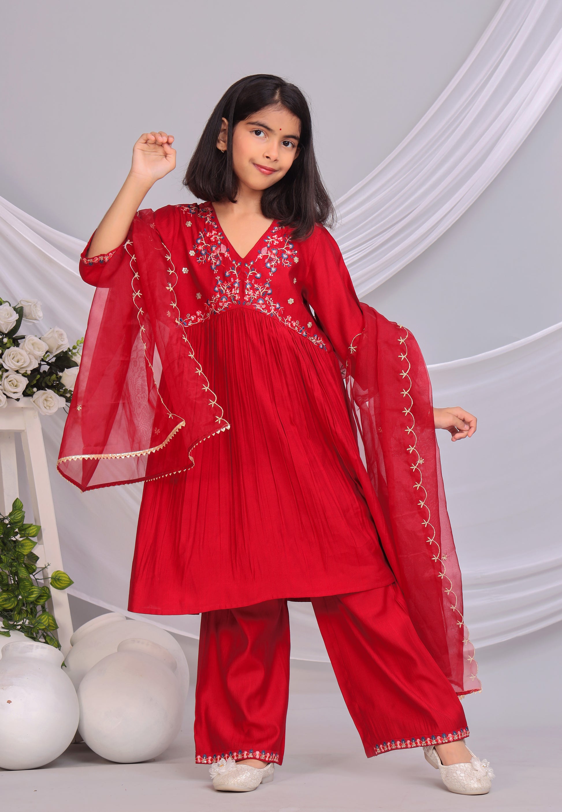 Misbis Girl's Embroidery Kurta Plazzo And Dupatta Set