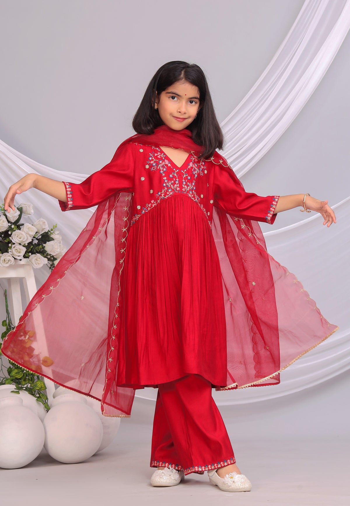 Misbis Girl's Embroidery Kurta Plazzo And Dupatta Set