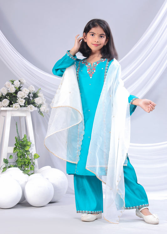 Misbis Girl's Embroidery Kurta Plazzo And Dupatta Set