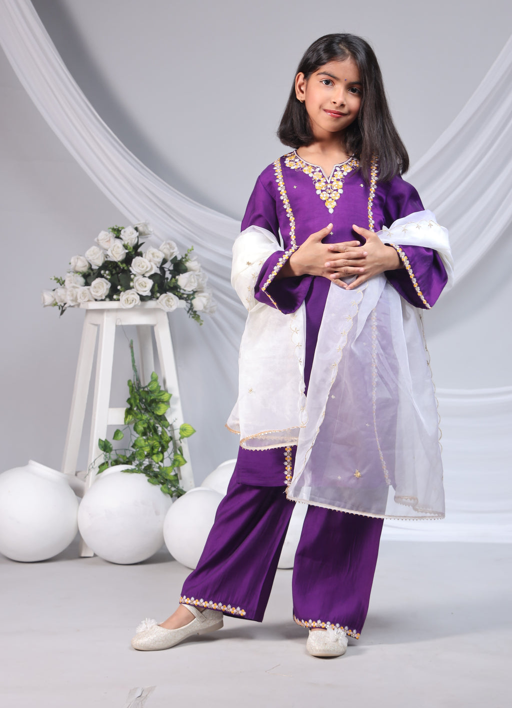 Misbis Girl's Embroidery Kurta Plazzo And Dupatta Set