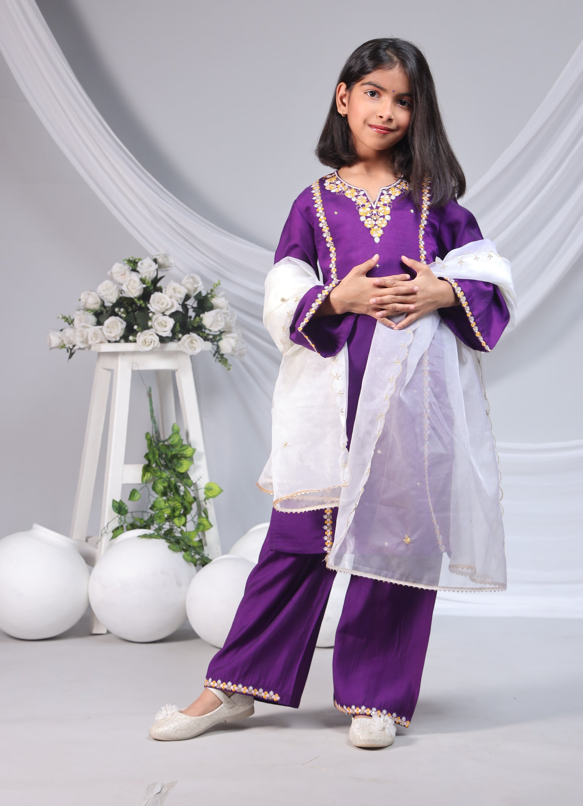 Misbis Girl's Embroidery Kurta Plazzo And Dupatta Set