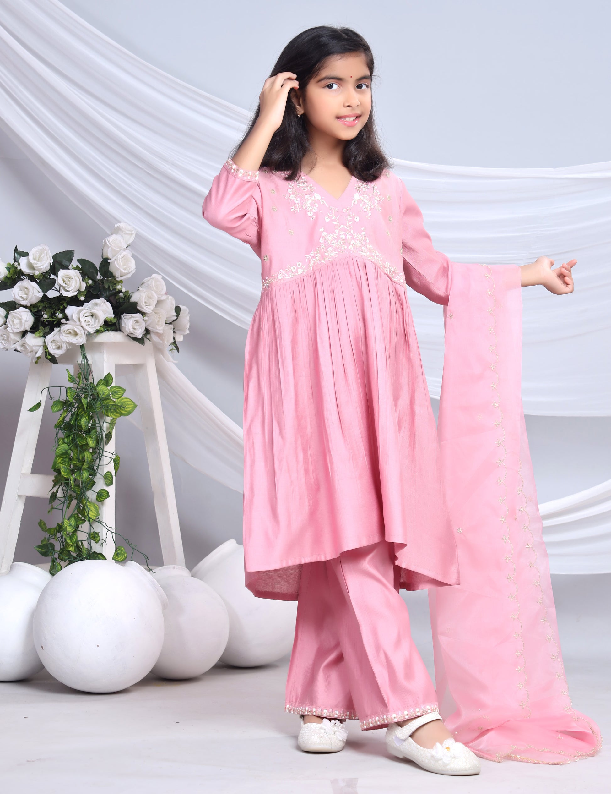 Misbis Girl's Embroidery Kurta Plazzo And Dupatta Set
