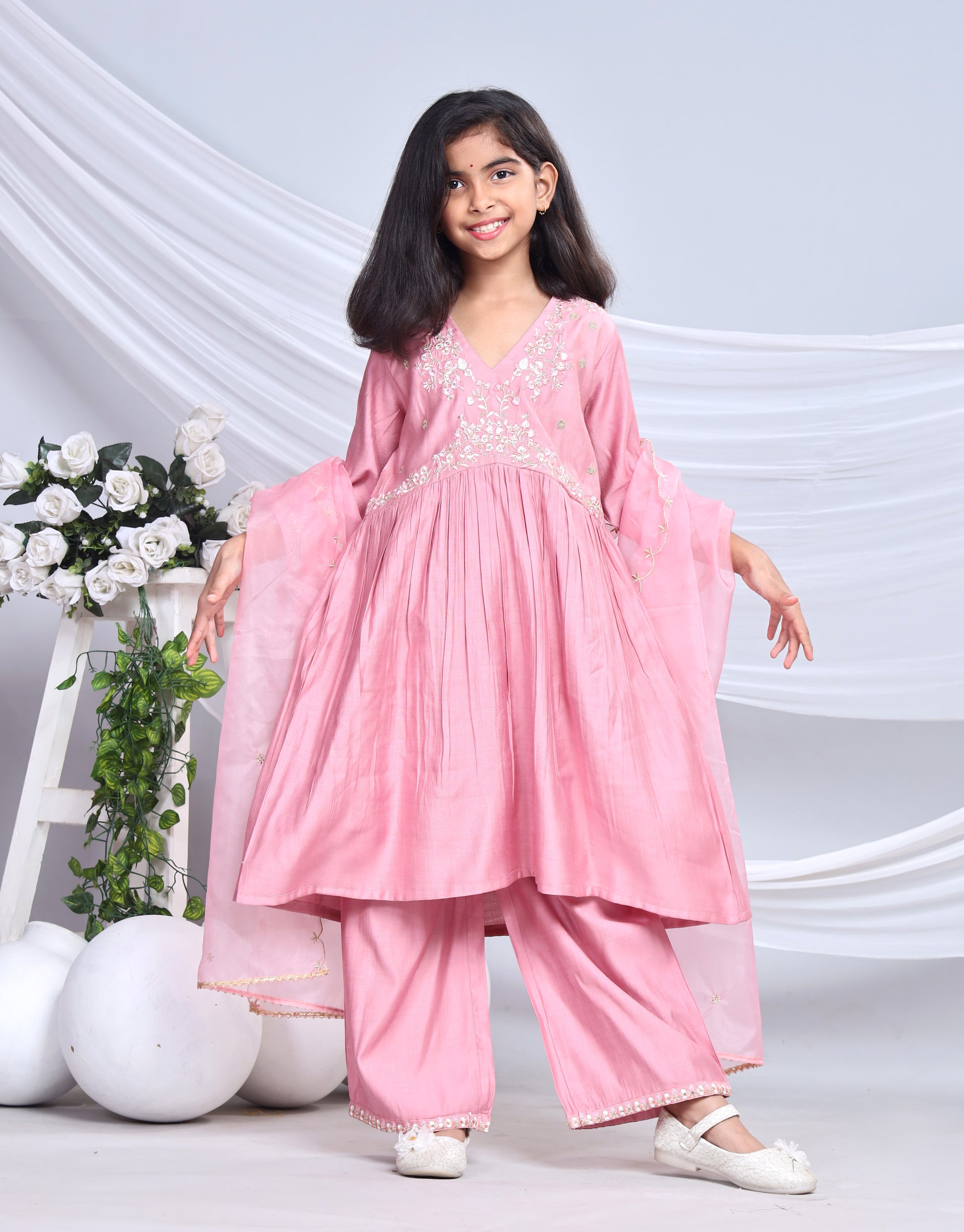 Misbis Girl's Embroidery Kurta Plazzo And Dupatta Set