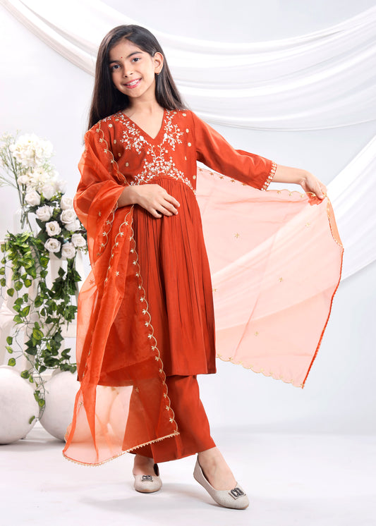 Misbis Girl's Embroidery Kurta Plazzo And Dupatta Set