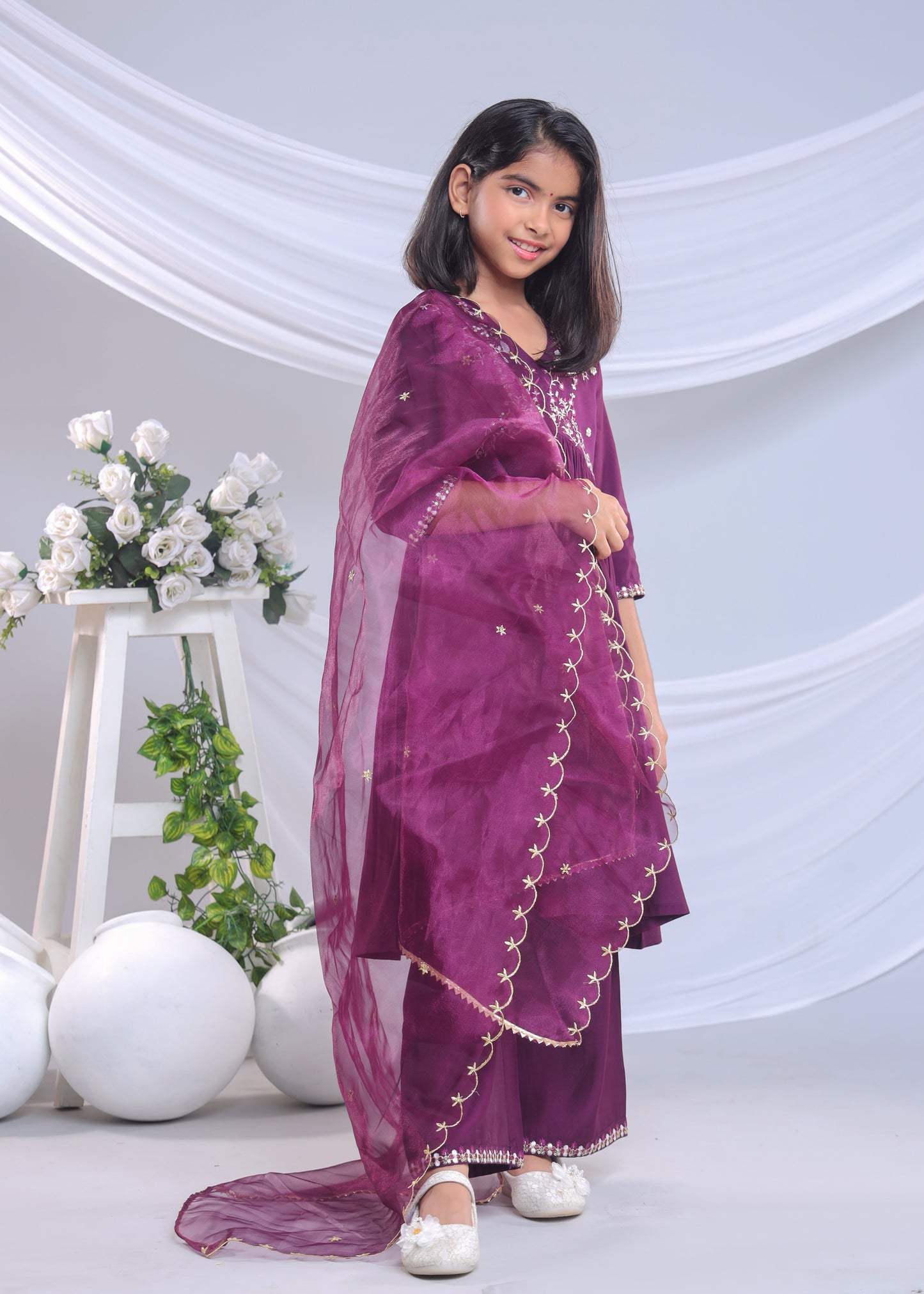 Misbis Girl's Embroidery Kurta Plazzo And Dupatta Set