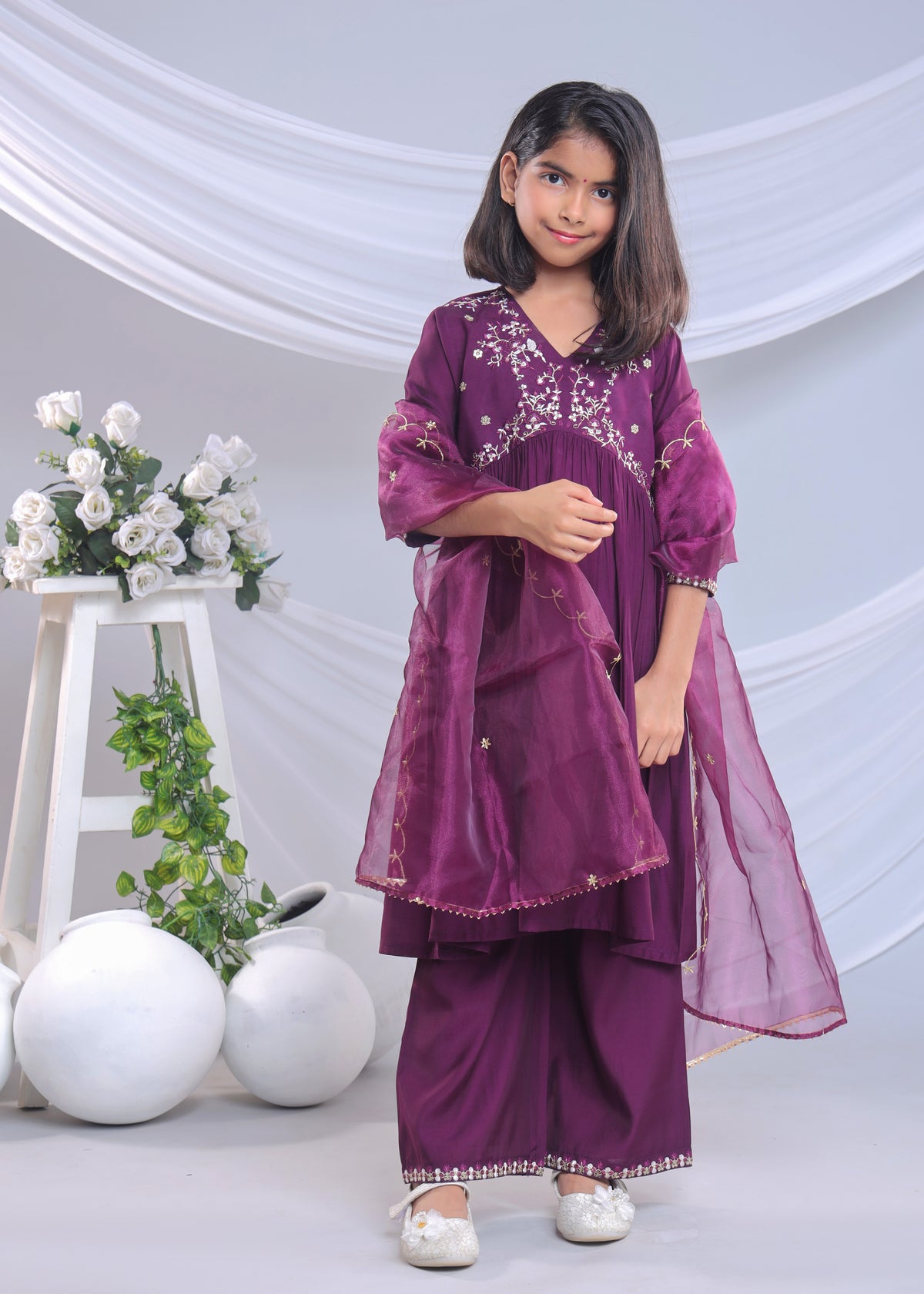 Misbis Girl's Embroidery Kurta Plazzo And Dupatta Set