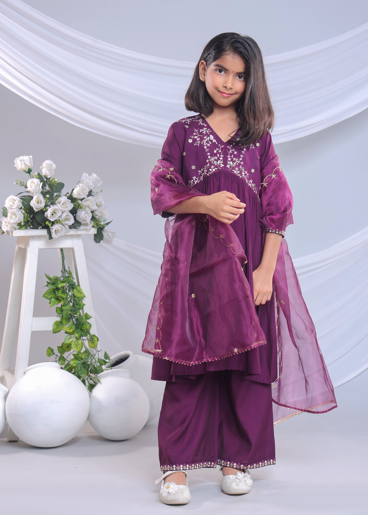 Misbis Girl's Embroidery Kurta Plazzo And Dupatta Set