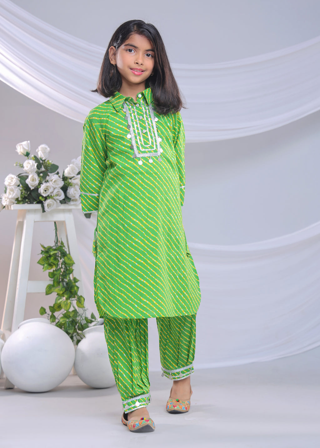 Misbis Girl's Leheriya Printed Pure Cotton Kurta With Pant