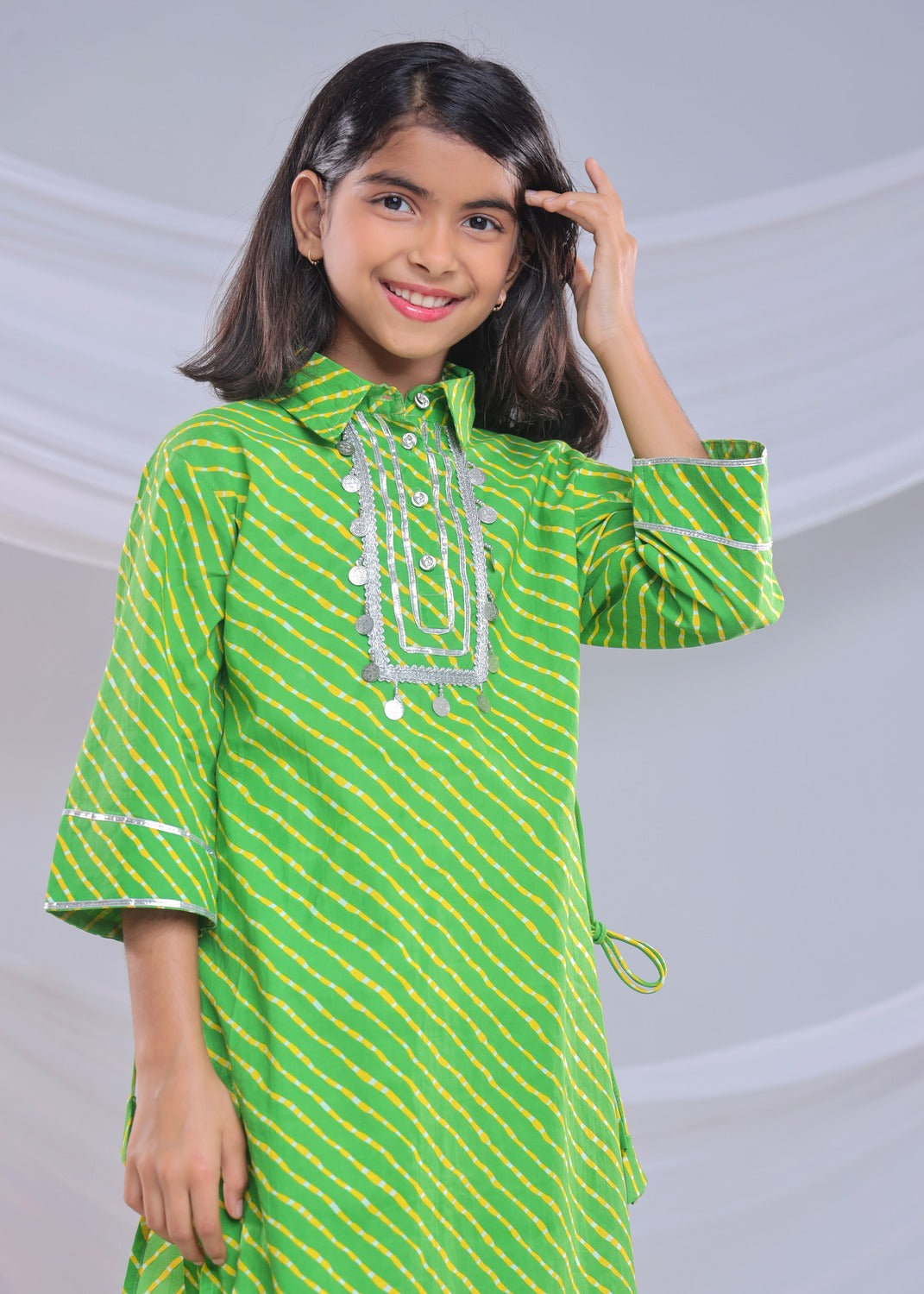 Misbis Girl's Leheriya Printed Pure Cotton Kurta With Pant