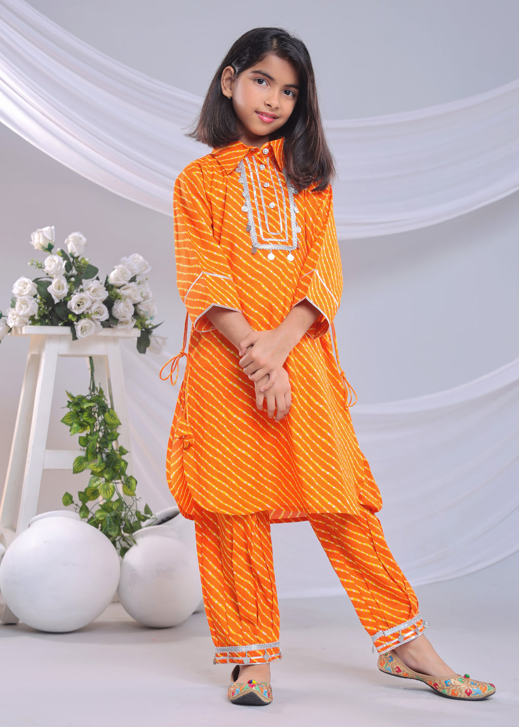 Misbis Girl's Leheriya Printed Pure Cotton Kurta With Pant