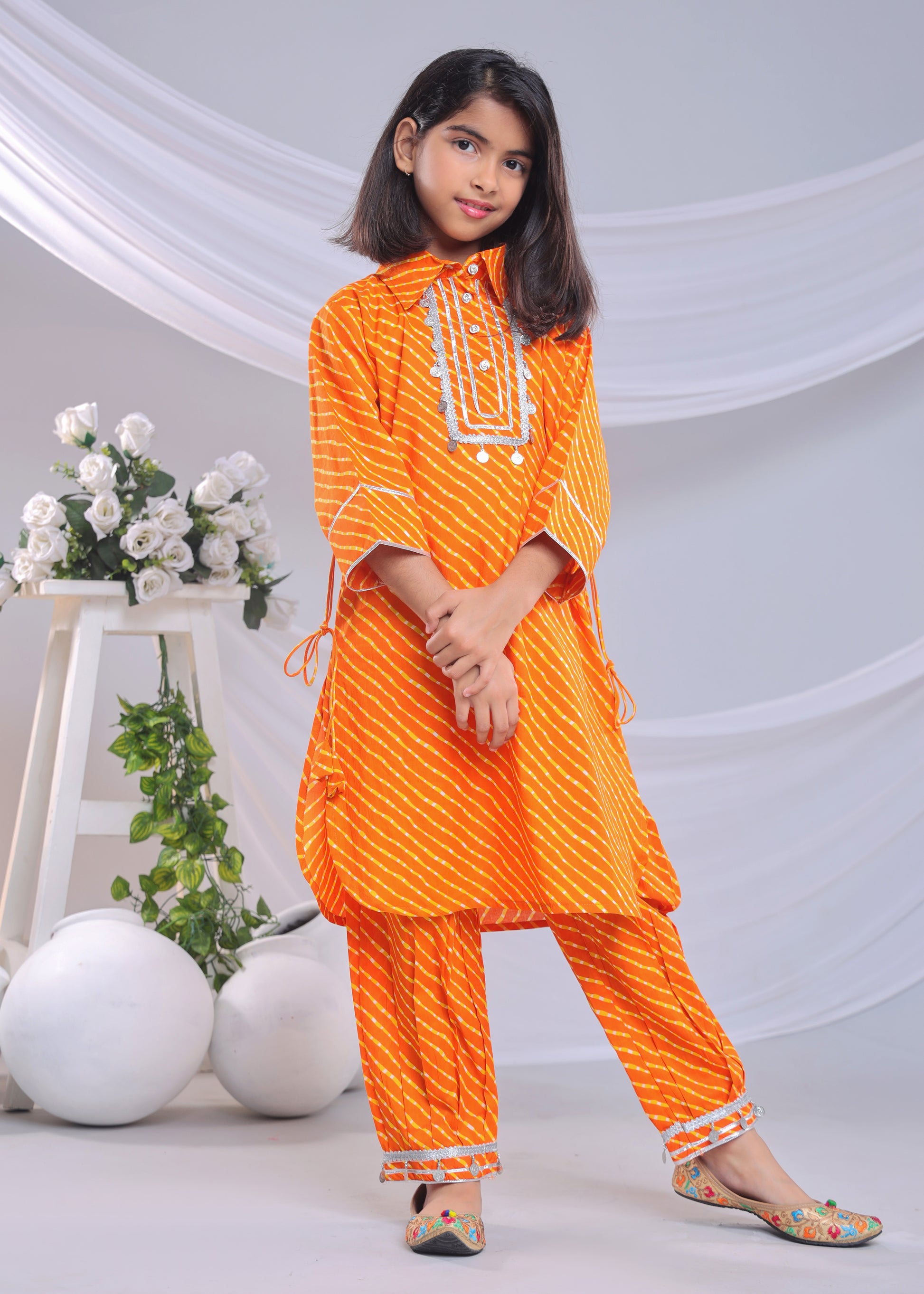 Misbis Girl's Leheriya Printed Pure Cotton Kurta With Pant