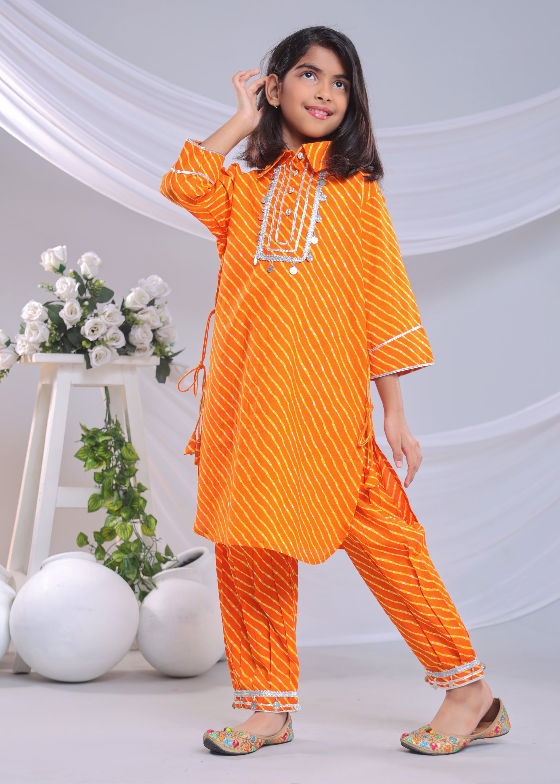 Misbis Girl's Leheriya Printed Pure Cotton Kurta With Pant