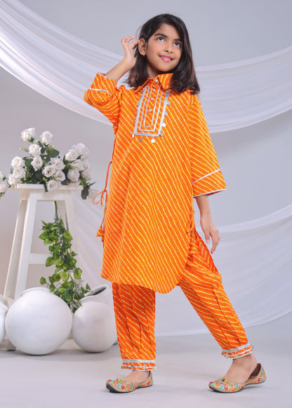 Misbis Girl's Leheriya Printed Pure Cotton Kurta With Pant