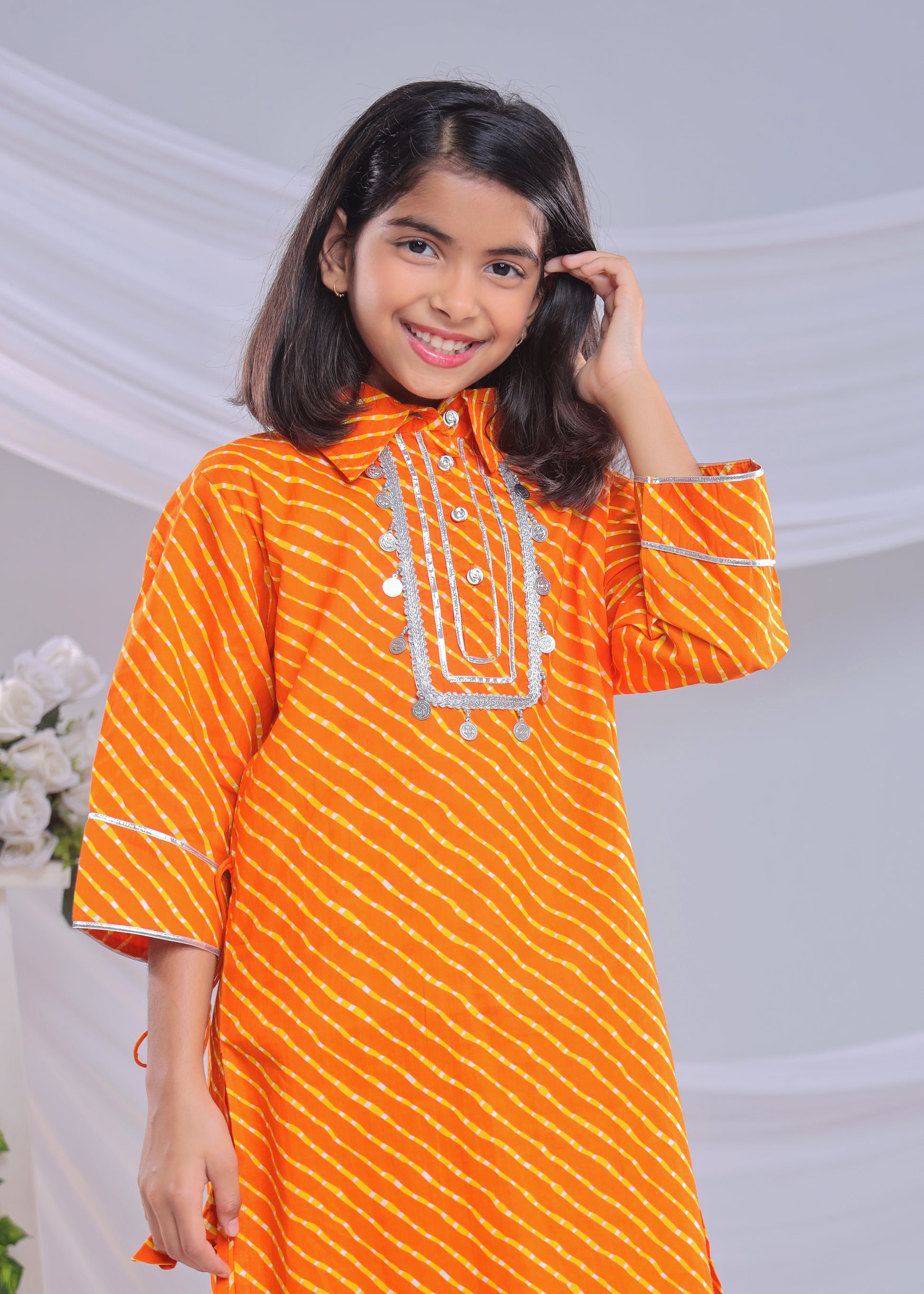 Misbis Girl's Leheriya Printed Pure Cotton Kurta With Pant