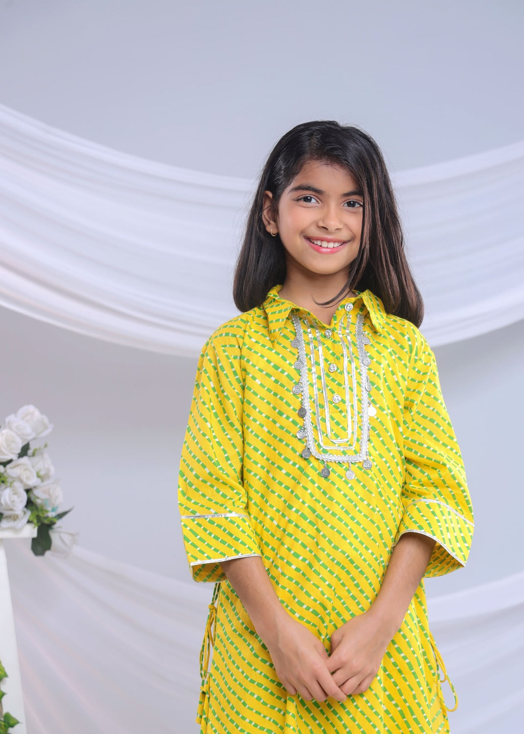 Misbis Girl's Leheriya Printed Pure Cotton Kurta With Pant