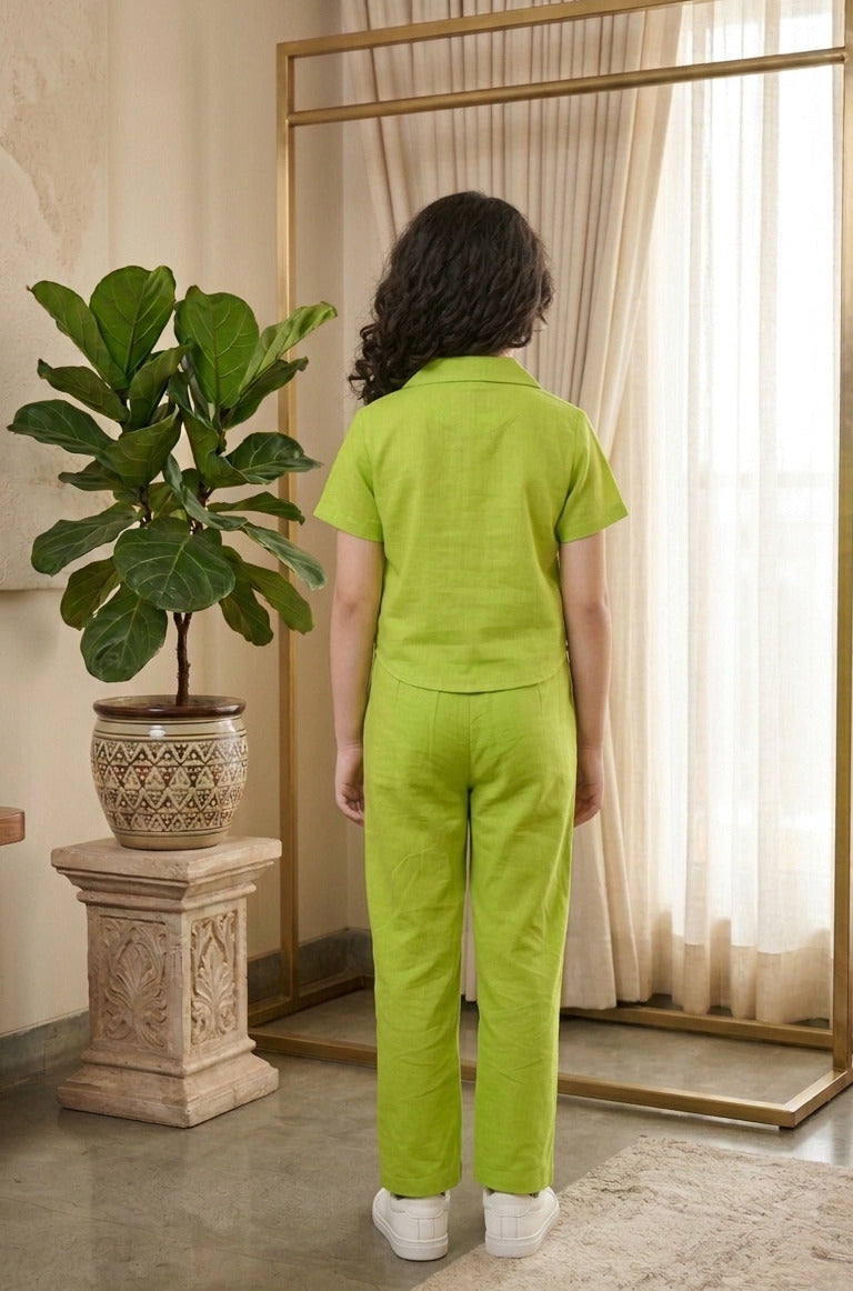 Vibrant Lime Green Notched Collar Shirt and Trouser Co-ord Set for Girls
