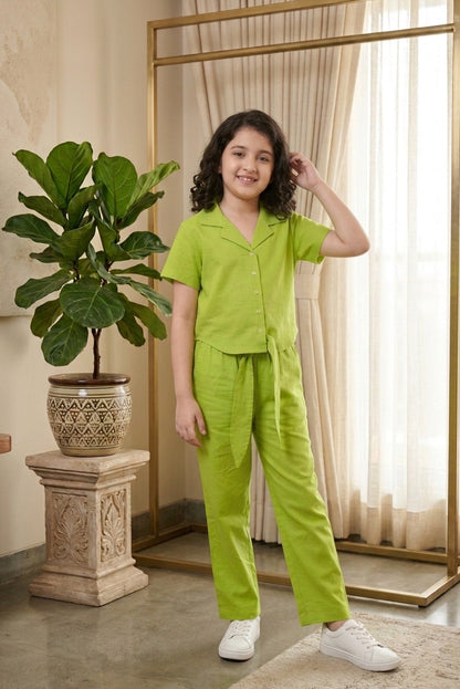Vibrant Lime Green Notched Collar Shirt and Trouser Co-ord Set for Girls