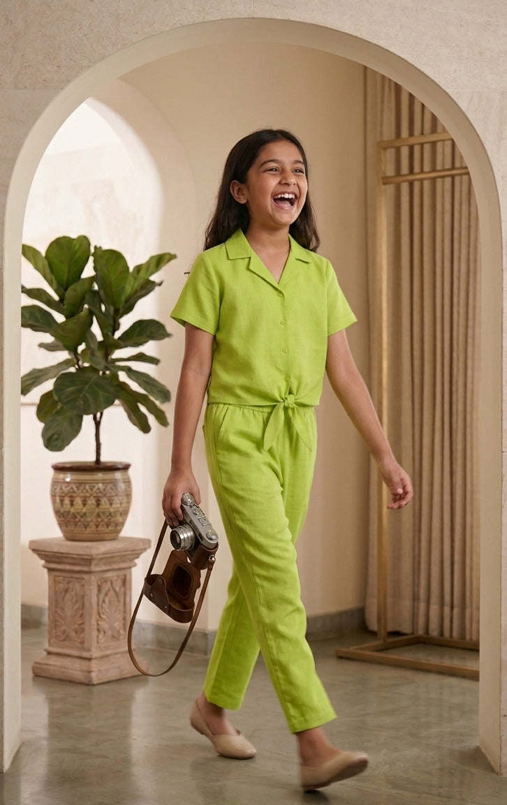 Vibrant Lime Green Notched Collar Shirt and Trouser Co-ord Set for Girls