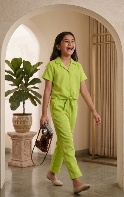 Vibrant Lime Green Notched Collar Shirt and Trouser Co-ord Set for Girls