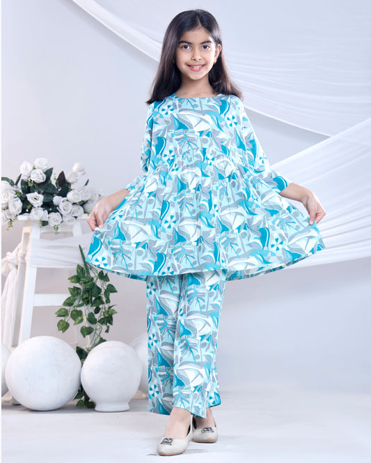 Misbis Girl's Printed Blue Co-ord Set