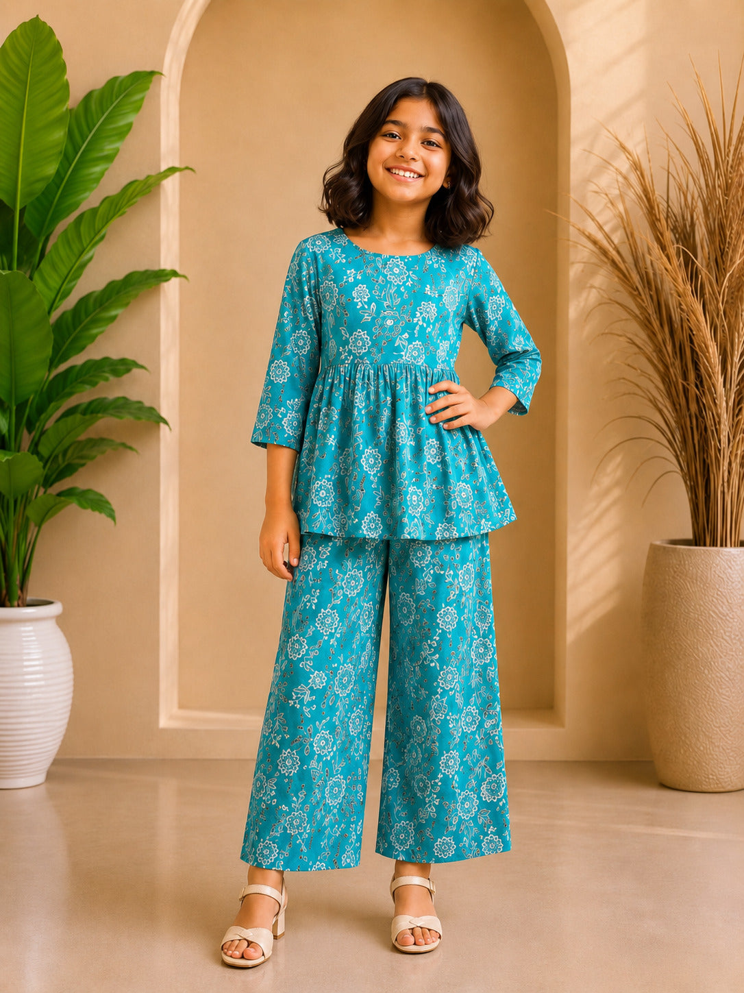 Blue Floral Printed Peplum Co-ord Set