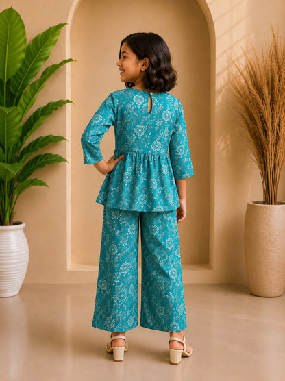 Blue Floral Printed Peplum Co-ord Set
