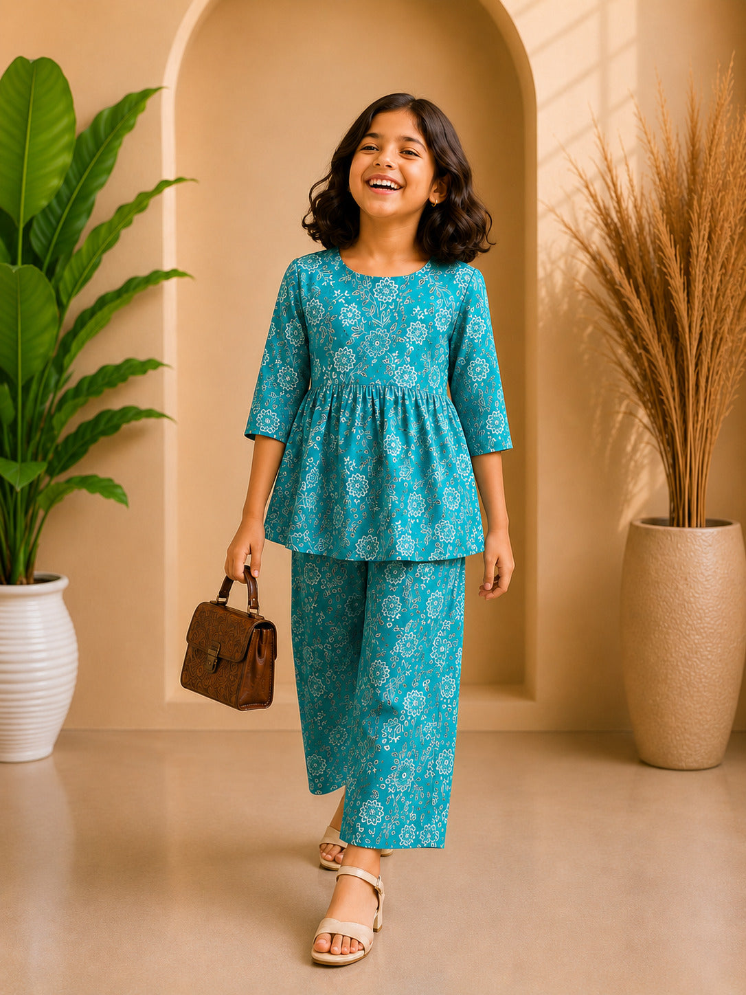 Blue Floral Printed Peplum Co-ord Set