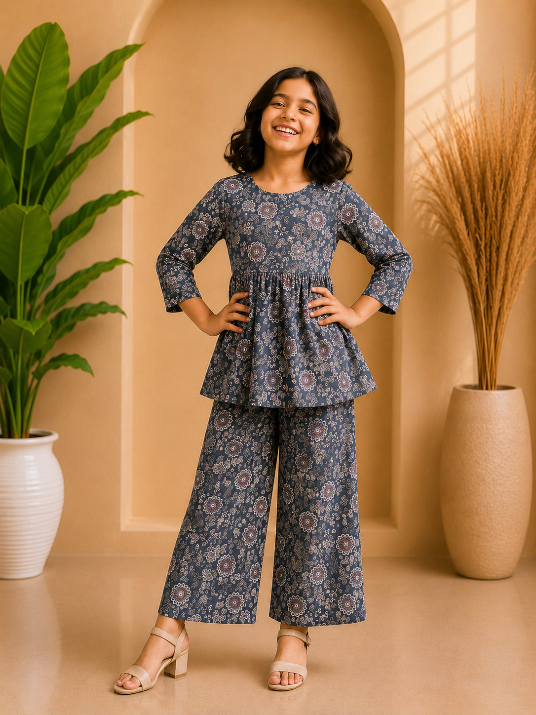 Grey Floral Printed Peplum Co-ord Set