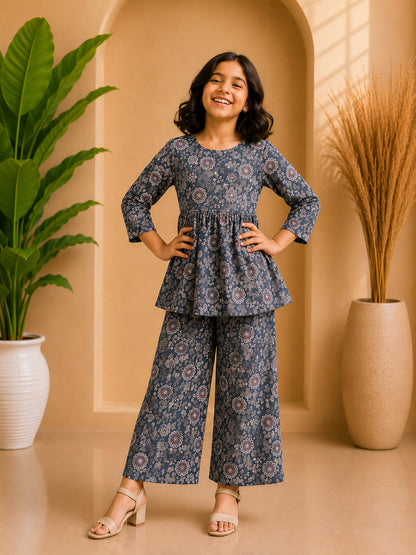Grey Floral Printed Peplum Co-ord Set