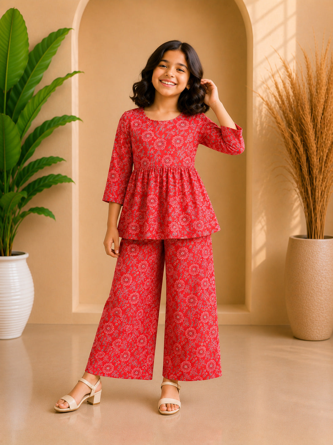 Pink Floral Printed Peplum Co-ord Set