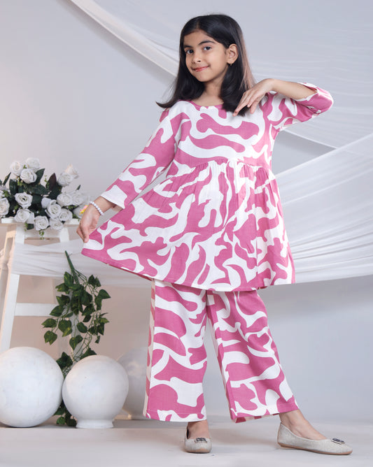 Misbis Girl's Printed Pink Co-ord Set