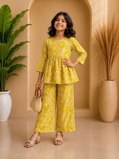 Yellow Floral Printed Peplum Co-ord Set