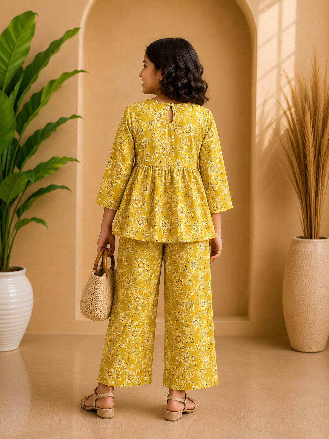 Yellow Floral Printed Peplum Co-ord Set