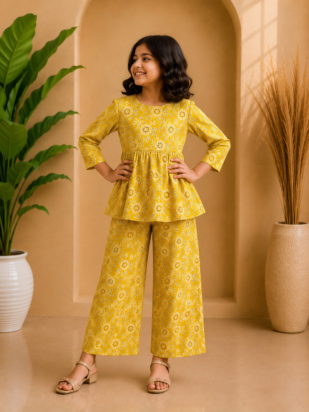 Yellow Floral Printed Peplum Co-ord Set