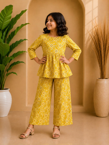 Yellow Floral Printed Peplum Co-ord Set
